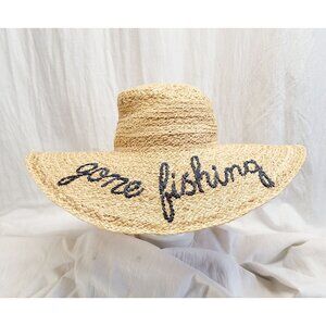 Hat Attack Straw Sun Hat "GONE FISHING” Wide Brim Beach Beige Natural Women’s